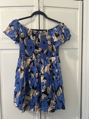 Free People Blue and Black Floral Off-Shoulder Mini Dress